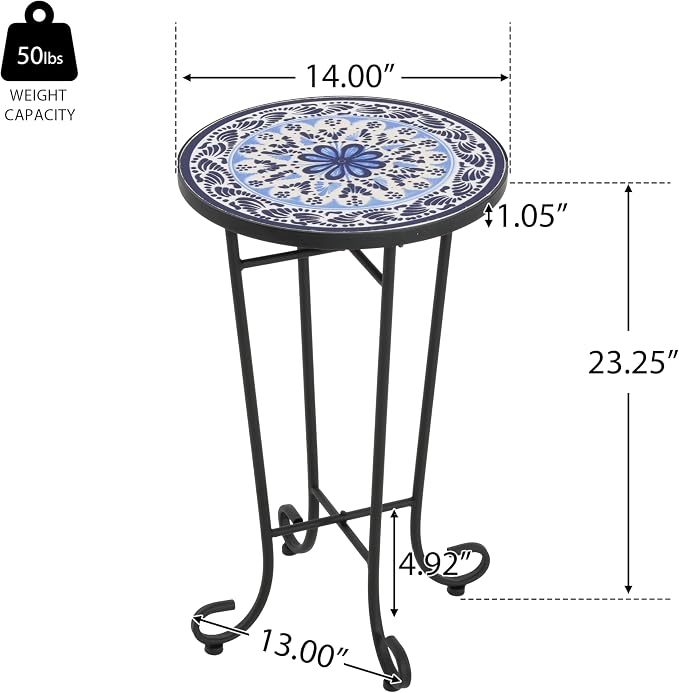 Outdoor Metal Side Table with Ceramic Tile Top Mosaic Patio Side Table and Plant Stand Tables, Round Side End Tables for Yard Porch Balcony Garden, Daisy Purple