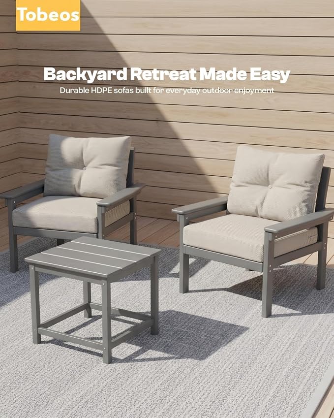 HDPE 7 Piece Patio Furniture Set, All-Weather Outdoor Couch Set with Thick Cushions & Table & Umbrella, Patio Conversation Sets for Lawn, Garden, Porch, Balcony, Deck, Poolside, Grey & Beige
