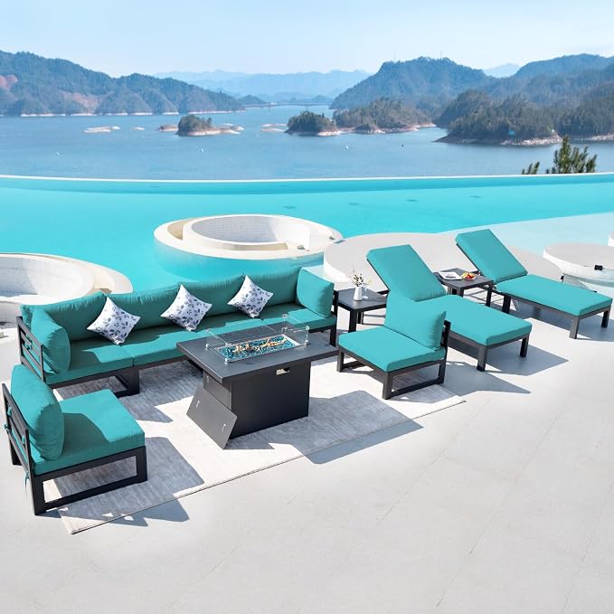 RADIATA 8 Seater Extra Large Modern Aluminum Outdoor Sofa with Lay Out Chair & Fire Pit Table, 500 lbs Durable Sectional Set for Heavy People, All Weather Comfy Patio Furniture Set for Backyard, Teal