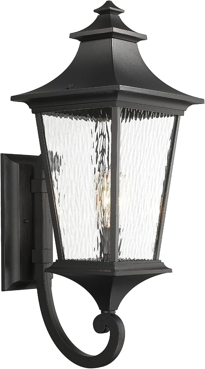 Emliviar 29.3" Large Exterior Wall Light, Outdoor Wall Sconce Suitable for House Porch, Water Ripple Glass in Black Finish, XE292UB-L SW BK
