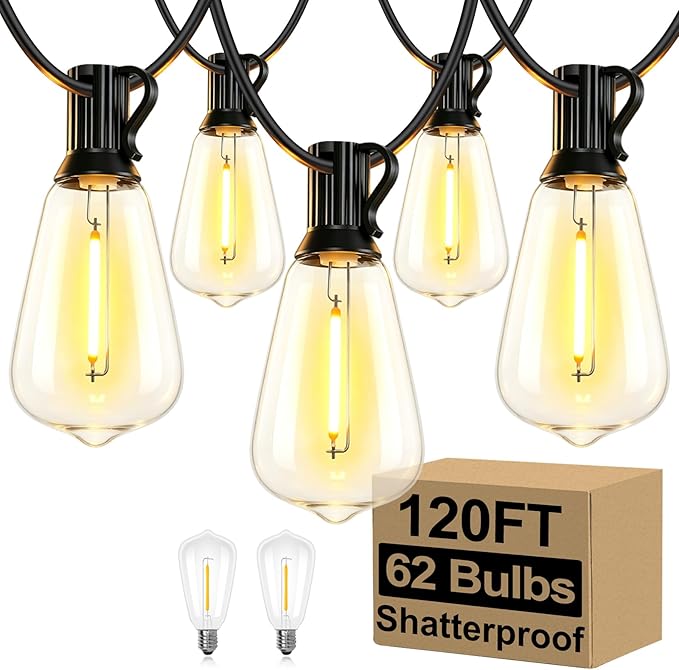 Brightever 120FT Outdoor String Lights Waterproof, 2700K Bright LED Patio Lights with 62 ST38 Shatterproof Vintage Bulbs, Retro Connectable Edison String Lights for Outside, Garden, Balcony, Porch