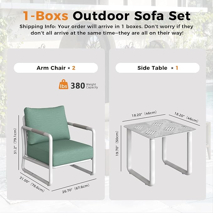 Outdoor Aluminum Patio Furniture Set, 3 Pieces Conversation Set with 6.5 Inch Cushions and Coffee Table, All-Weather Rust-Resistant Frame Conversation Set for Porch, Garden, Backyard, White