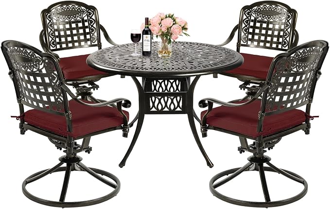 MEETWARM 5-Piece Outdoor Patio Dining Set, All-Weather Cast Aluminum Patio Conversation Set with 4 Cushions Swivel Rocker Chairs for Backyard Garden Deck and 35.4" Round Table, Chili Red