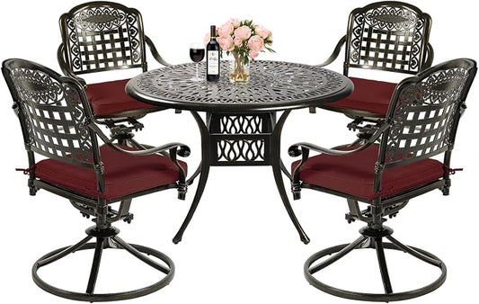 MEETWARM 5-Piece Outdoor Patio Dining Set, All-Weather Cast Aluminum Patio Conversation Set with 4 Cushions Swivel Rocker Chairs for Backyard Garden Deck and 35.4" Round Table, Chili Red