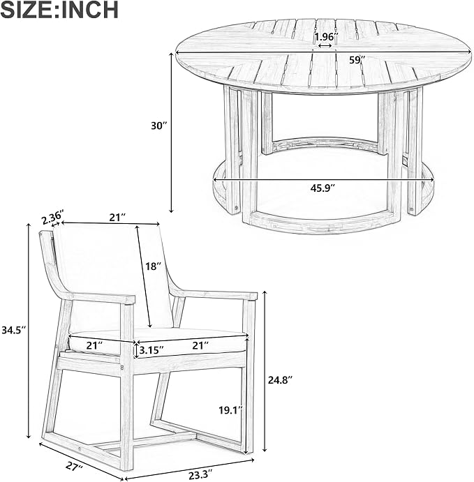 VilroCaz Acacia Wood Outdoor Dining Set for 6, All-Weather Outdoor Round Dining Table with 1.96" Umbrella Hole and 6 Armchair& Removable Cushions for Patio Backyard Pools (Light Teak-2.14)