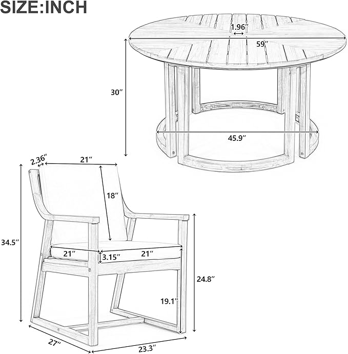 7-Piece Outdoor Dining Set, 59" Round Table with Umbrella Hole and 6 Padded Chairs, Rustic Patio Furniture Set for Garden Backyard Family Gatherings (Mocha-R1)