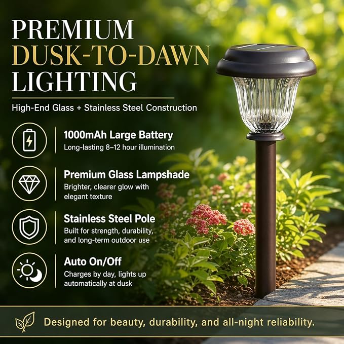 DERAYSION 8 Pack Solar Lights Outdoor Pathway, Stainless Steel Glass Solar Garden Lights, Auto On/Off Long-Lasting Waterproof Outdoor Solar Lights for Yard, Landscape, Path, Driveway, Walkway Décor