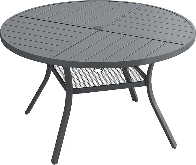 Patio Dining Table for 4-6, Round Metal Outdoor Table with Storage Shelf, 1.57" Umbrella Hole, 47" Outdoor Quartered Tabletop Dining Table for Backyard, Porch, Lawn, Dark Grey
