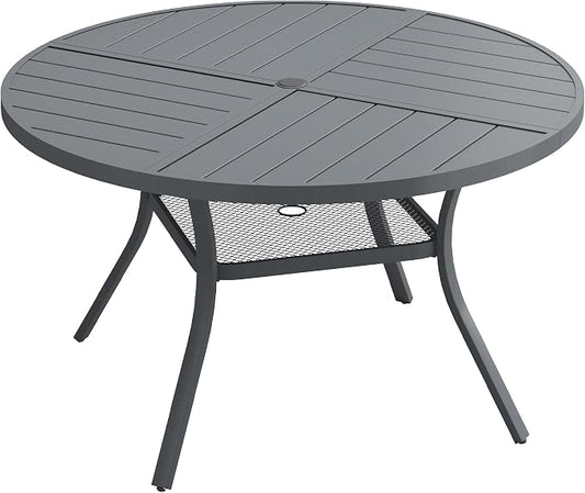 Patio Dining Table for 4-6, Round Metal Outdoor Table with Storage Shelf, 1.57" Umbrella Hole, 47" Outdoor Quartered Tabletop Dining Table for Backyard, Porch, Lawn, Dark Grey
