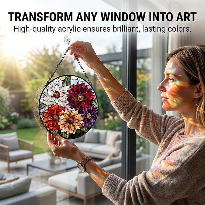 Birthday Gifts for Women - Colorful Flowers Faux Stained Glass Window Hanging Sun Catcher for Door Garden Acrylic Decor Mother's Day Christmas for Mom Nana Grandma Sisters Wife 9.8"