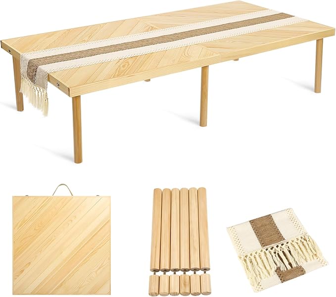 Folding Picnic Table with Table Runner, Portable Boho Low Picnic Table for Indoor Outdoor, 60" x 30" Wooden Table with Adjustable Heights for Camping, Wedding, Beach, Garden, Party(Large Size for 6)