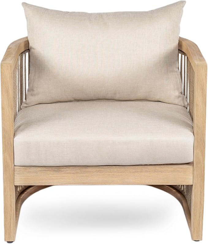 Christopher Knight Home 4-Piece Acacia Wood Patio Furniture Set, Mid-Century Modern Outdoor Conversation Set with Loveseat, Curved Club Chairs, Cushions & MgO Fire Pit for Backyard, Light Teak+White