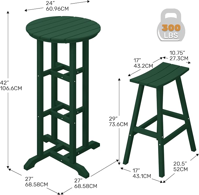 Costaelm Outdoor Bar Table, 42" Counter Height Round Patio Cocktail Bar Table, Patio Bar Table 3-Pieces Set Bistro Dining Table Pub Table for Deck, Backyard, Garden, Dark Green