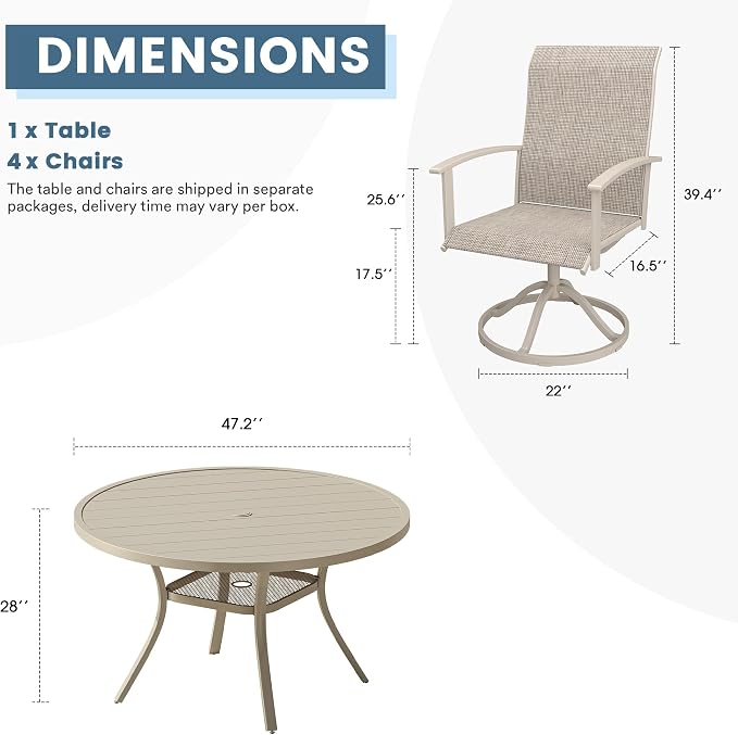 DIFY 5 Pieces Outdoor Dining Set for 4, 47.2" Round Metal Table with Umbrella Hole and Textilene Swivel Patio Chairs, Patio Table and Chairs Set for Garden, Backyard, Poolside, Sandshell