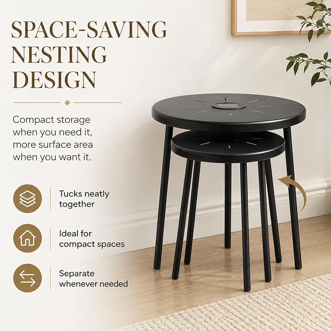 HRVEOCEI Black Round Nesting Coffee Table Set of 2, 2 PCS Small Outdoor Nesting Tables with LED Light for Living Room, Metal Side Table Set for Balcony Patio (50 Inch + LED)