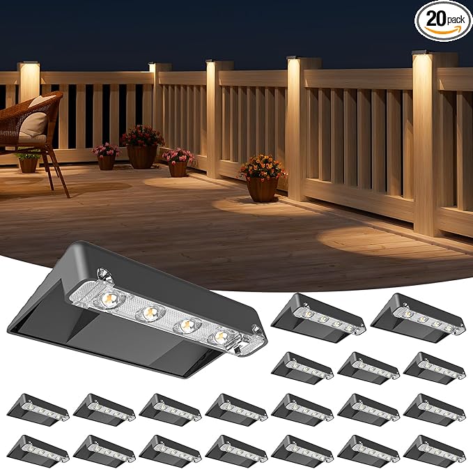 Solar Deck Lights Outdoor 20 Pack, IP65 Waterproof Large Size LED Stair Lights with Lenses, Auto ON Off Warm White Step Lights for Outside, Deck, Patio, Fence, Yard, Pathway and Railing Decor