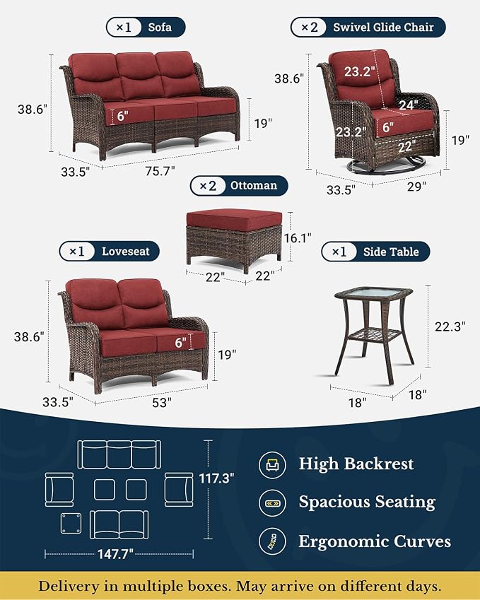 HILLGA 7-Piece Luxury Patio Furniture Set with 6" Thick Cushions, Weather-Resistant Wicker High Back Swivel Rocker Chairs, Senior-Friendly Outdoor Loveseat Set for Large Deck and Poolside,Burgundy(V2)