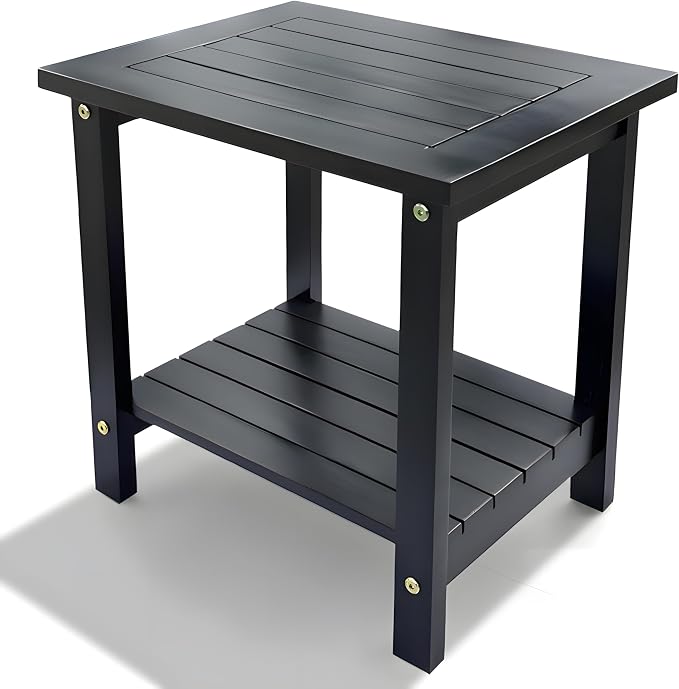 Small Acacia 16 Inches Outdoor Side Table Double Adirondack Side Table Sturdy Patio End Table Weather Resistant Wood End Tables for Garden, Backyard, Bed, Living Room, Couch
