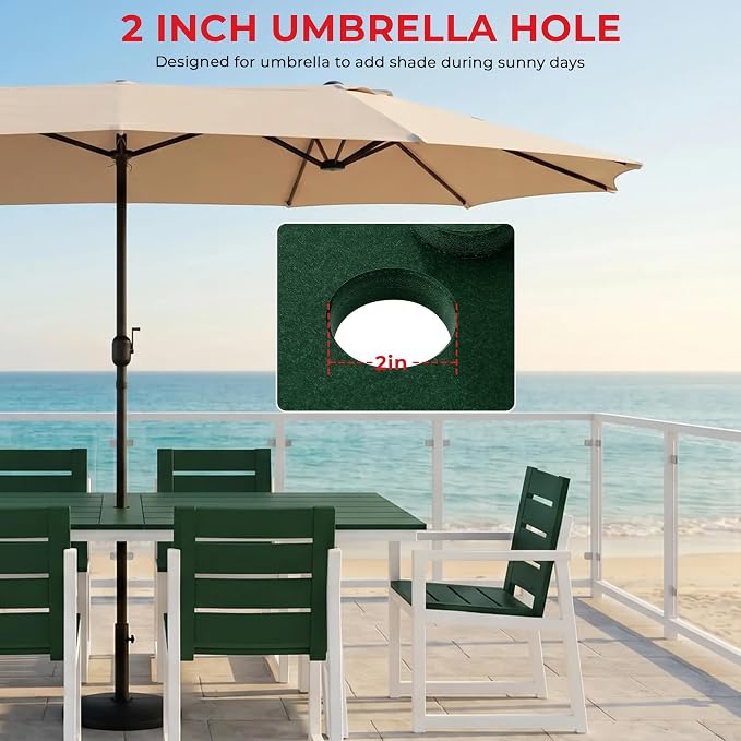 Costaelm Stinson 7-Piece Outdoor HDPE Patio Dining Table Set with Umbrella Hole & Dining Chairs for 6, Dark Green