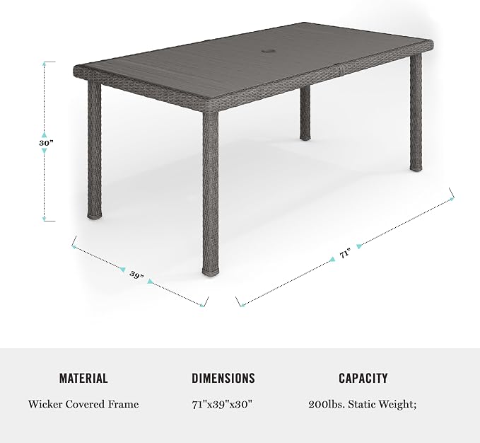 Martha Stewart Bedford 71" Indoor-Outdoor Patio Table with Faux Wood Top and Rattan Wicker Finish in Gray