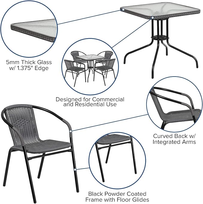 Flash Furniture 5-Piece 28" Square Indoor/Outdoor Patio Table and Chairs Set, Glass Metal Bistro Table and 4 Stacking Rattan Chairs, Gray