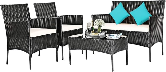 DORTALA Wicker Patio Furniture Set 4 Piece, Rattan Outdoor Table and Chairs Set with Loveseat, Cushions, All Weather Balcony Conversation Sofa Set for Porch, Backyard, Deck, Beige