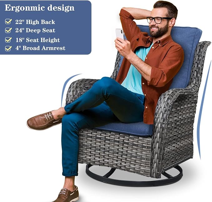 Belord 4 Piece Patio Wicker Furniture Set, Outdoor Swivel Rocker Chairs, All Weather Outdoor Patio Loveseat with Cushion and Coffee Table for Deck Porch, Gray Wicker/Blue