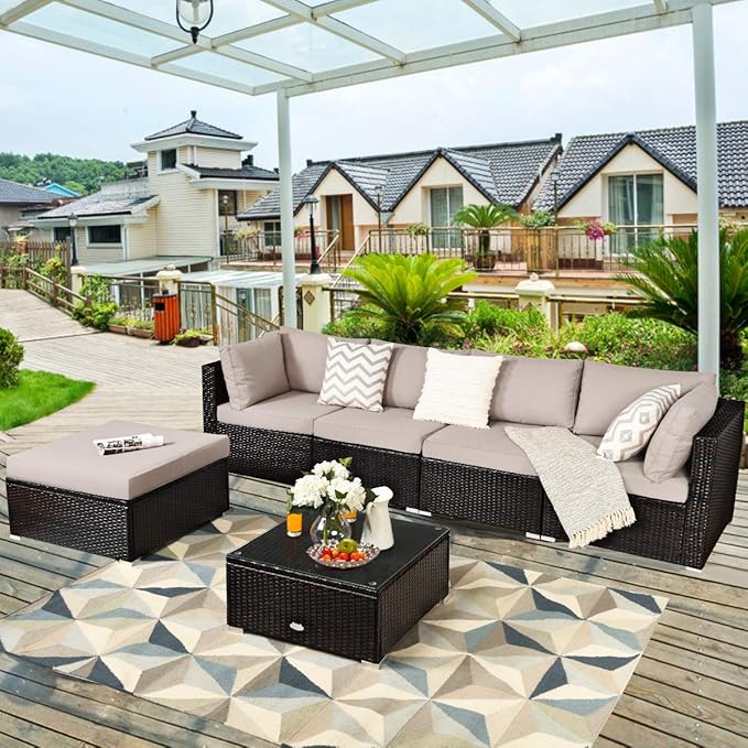 RELAX4LIFE 6-Piece Patio Sofa Set - Outdoor Sectional Sofa Set Wicker Conversation Set w/Table & Removable Cushions, Modular Sofa Set Patio Furniture for Backyard, Poolside, Balcony (Beige)
