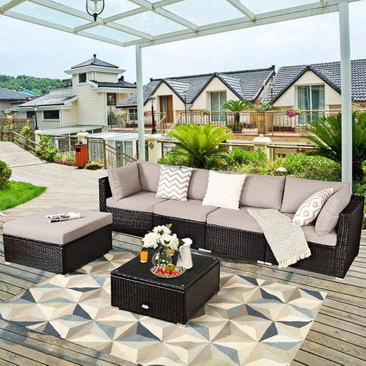 RELAX4LIFE 6-Piece Patio Sofa Set - Outdoor Sectional Sofa Set Wicker Conversation Set w/Table & Removable Cushions, Modular Sofa Set Patio Furniture for Backyard, Poolside, Balcony (Beige)