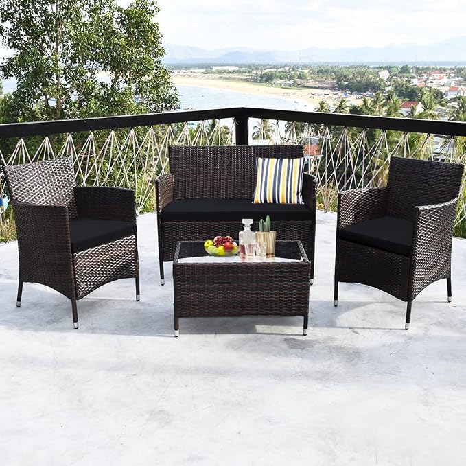 4 Pieces Patio Sofa Set, Wicker Conversation Set with Ergonomic Curved Backrest, Patio Rattan Furniture Set with Water-Resistant Cushion & Tempered Glass Table for Balcony, Porch (Black)