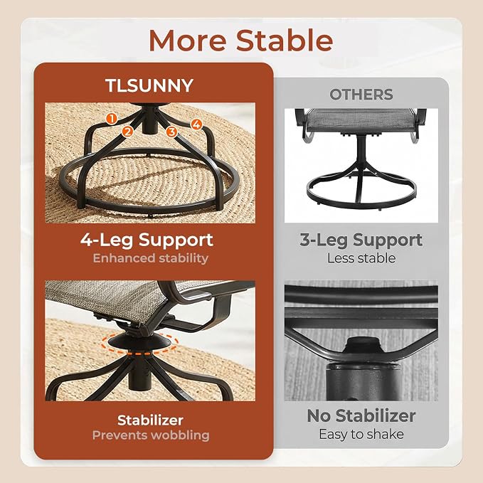 TLSUNNY 3 Piece Patio Dining Set for 2, Outdoor Table and Chairs W/1.57"-1.8" Adjustable Umbrella Hole & Foot Pads, 27.6" Round Metal Table and Patio 360° Swivel Chair, Rocking not Included (Brown)