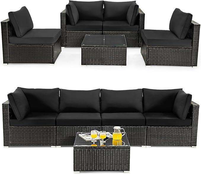 DORTALA 5 Pieces Patio Furniture Set, Outdoor Rattan L-Shaped Corner Sofa Set with Cushions, Coffee Table, Patio Sectional Conversation Set for Backyard Porch Garden Poolside, Black