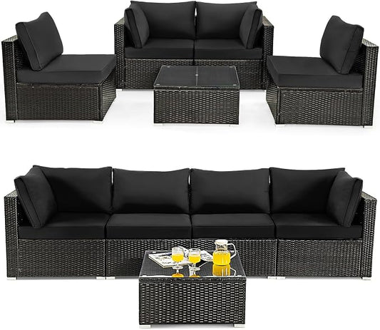 DORTALA 5 Pieces Patio Furniture Set, Outdoor Rattan L-Shaped Corner Sofa Set with Cushions, Coffee Table, Patio Sectional Conversation Set for Backyard Porch Garden Poolside, Black