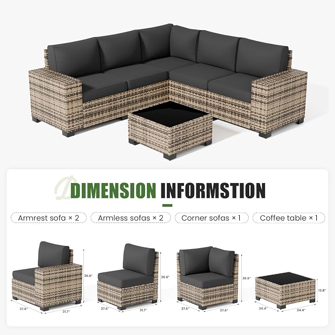 Amopatio 6 Piece Patio Furniture Set with 8" Armrest & 4" Thiken Cushion, Outdoor Wicker Rattan Sectional Sofa Conversation Set for Backyard, Garden, Poolside(Grey Cushion)