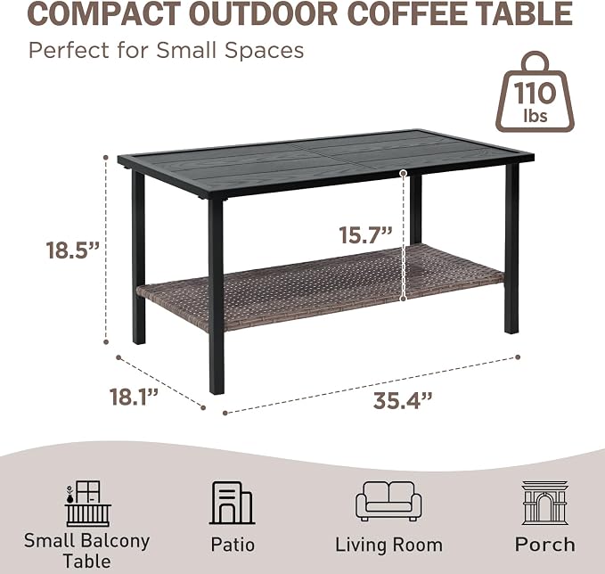 EAGLE PEAK Mojave Dusk Patio Coffee Table with Wood Grain Top and Wicker Shelf, Durable Weather-Resistant Outdoor Table for Deck, Porch, or Garden, Large