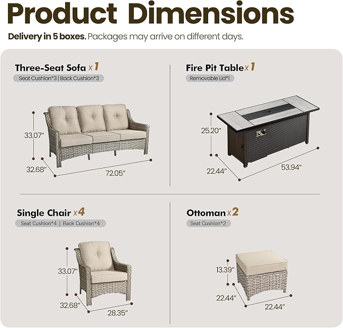8 Piece Patio Furniture Set with Fire Pit Table, All Weather Wicker High Back Sofa Chairs Ottoman with Thick Cushion, Outdoor Conversation Sets for Large Backyard Deck Garden, Beige