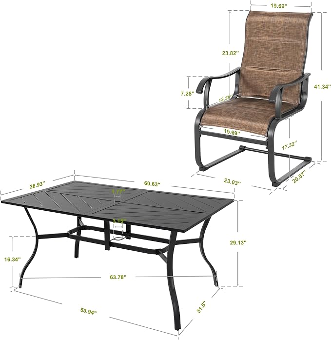 NUU GARDEN 7 Piece Patio Dining Set, 6 Padded Textilene Chairs and 61" Rectangular Dining Table with 1.77" Umbrella Hole, Outdoor All Weather Furniture Set for Garden, Patio, Brown and Black