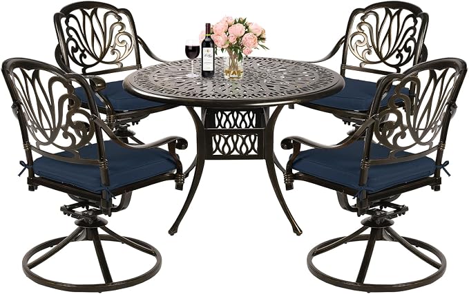 MEETWARM 5-Piece Outdoor Patio Dining Set, All-Weather Cast Aluminum Patio Conversation Set for Backyard Garden Deck with 4 Cushions Swivel Rocker Chairs and 35.4" Round Table, Navy Blue