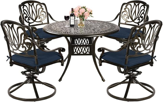 MEETWARM 5-Piece Outdoor Patio Dining Set, All-Weather Cast Aluminum Patio Conversation Set for Backyard Garden Deck with 4 Cushions Swivel Rocker Chairs and 35.4" Round Table, Navy Blue