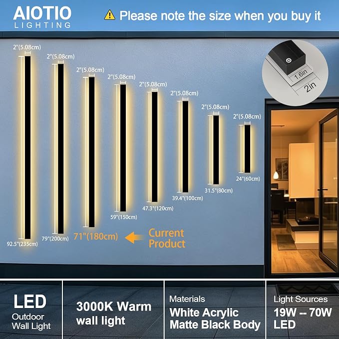 AioTio Modern Outdoor Wall Light，70.8inch Black Exterior Light Fixtures Wall Mount,3000K Long LED Linear Porch Lights Wall Sconce,LED Outside Lighting IP65 Waterproof for House,Garage,Front Door