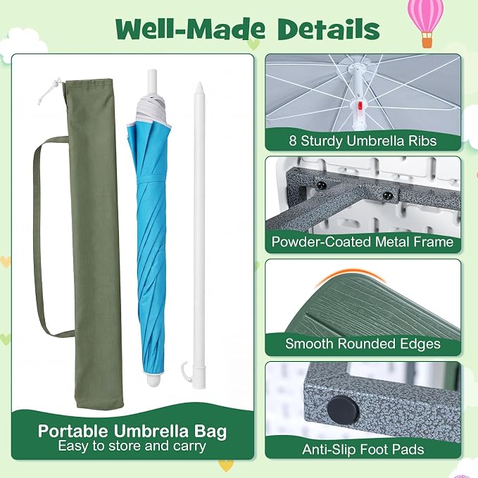 KOTEK Kids Picnic Table with Umbrella, Toddler Outdoor Table and Bench Set, Easy to Clean, HDPE Top & Metal Frame, 660LBS Capacity, Kids Patio Furniture for Backyard Park Garden (Green)