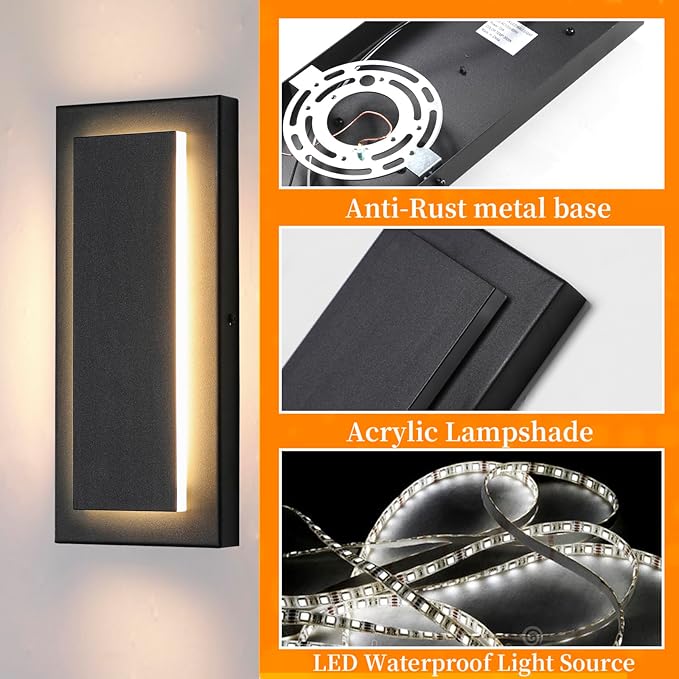 Outdoor Wall Light Black LED Wall Sconces,12 in,9 W | Black, Exterior Light Fixture Wall Mount For Porch,Hallway Front Door,Waterproof LED 3000K Warm White, 360° Angle 1 Pack