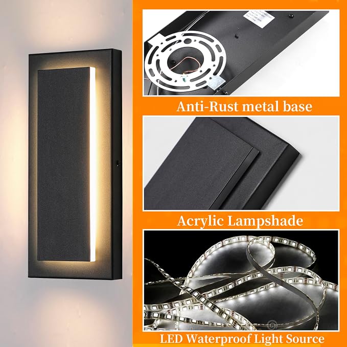 Modern Exterior Lighting Fixtures Outdoor Wall Lights,12 in,9W | Waterproof Exterior Sconce Light For Porch,Front Door,Patio,3000K Warm White Square Outdoor House Lights Wall Mount,2 Packs