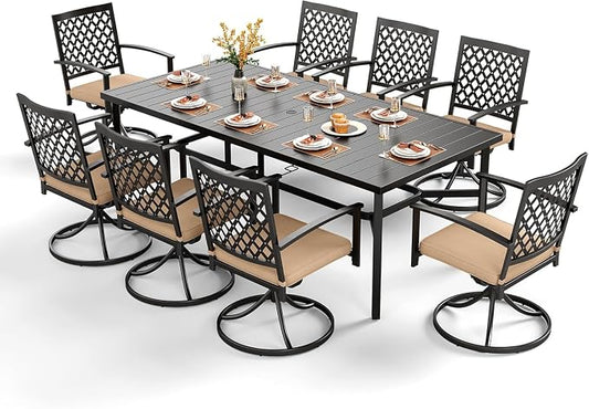 PHI VILLA 7 Pcs Outdoor Dining Set for 6&83" Rectangle Metal Steel Table | Swivel Wrought Iron Chairs with Cushions, Outside Furniture Set for Patio, Deck, Yard, Porch