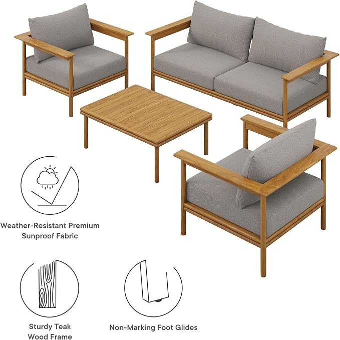 Modway Wren Teak Wood Outdoor Patio 4 Piece Furniture Set in Natural Driftwood