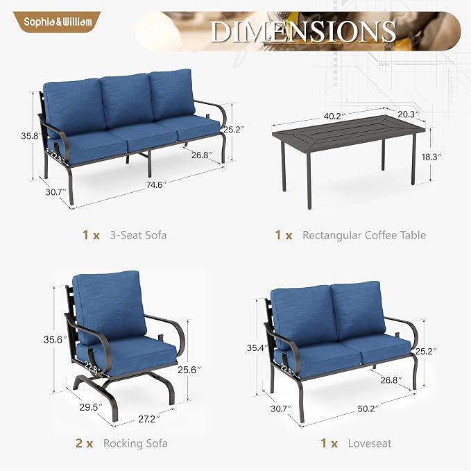 Sophia & William Patio Conversation Set for 7, 1 Loveseat, 3-Seater Sofa, 2 Rocking Chairs and a Coffee Table, Metal Outdoor Furniture with 5.75" Extra Thick Cushions, Navy