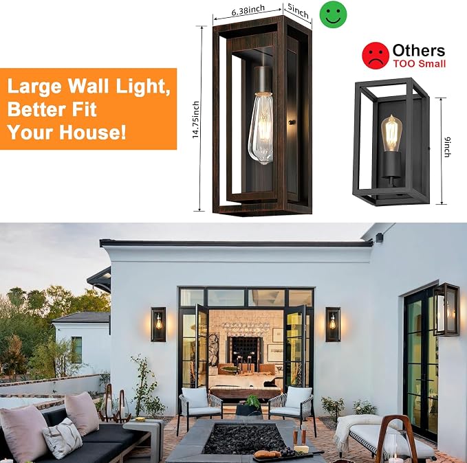 15" Large Outdoor Light Fixture Wall Mount, 2 Pack Distressed Brown Outdoor Sconce Lights, Modern Waterproof Exterior Porch Lights with Clear Glass Shade for Front Door, Garage