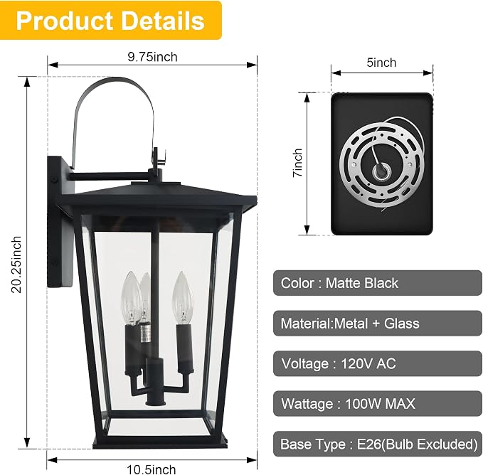 Modern Outdoor Wall Sconce Fixture 20 1/2", Matte Black, 3-Light Exterior Wall Mount Lighting with Clear Glass Panels for House Porch Patio Outside Deck Garage Yard Front Door Garden Home