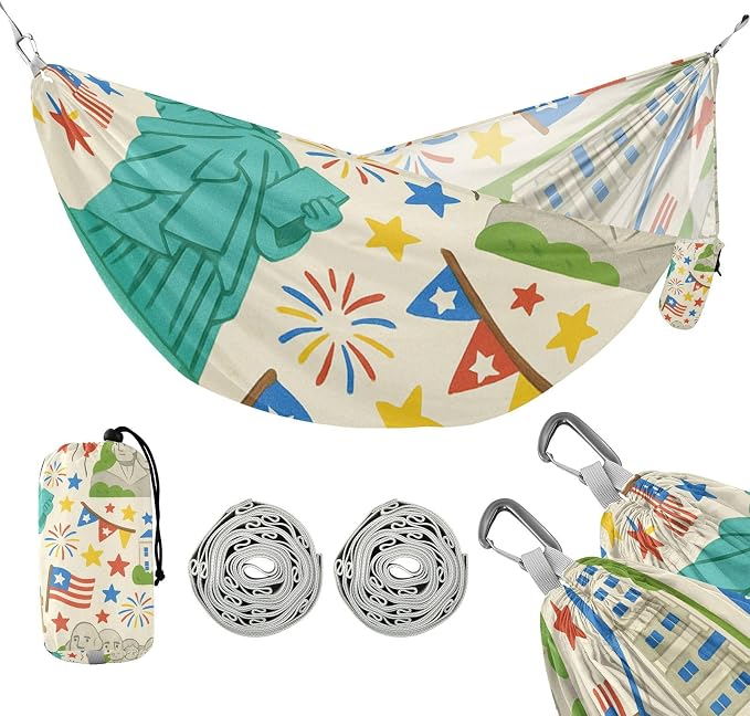 4th_July_Landmarks_Picture_Book_Pattern Outdoor Hammocks with Tree Straps Tree Hammock for Patio Backyard Lounge Base