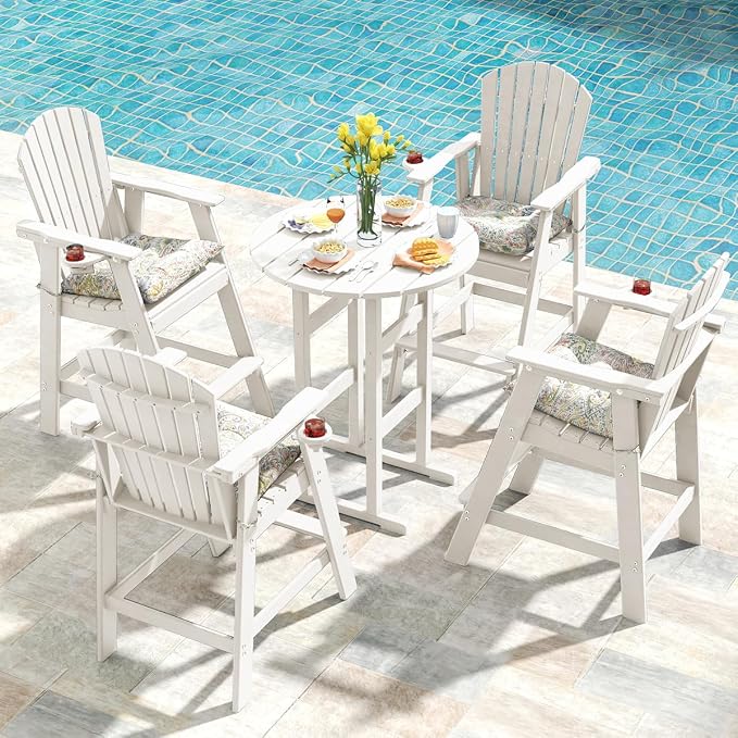 Sundale Outdoor Adirondack Round Bar Table, 39 Inch Height Patio Large Pub Table for 4, All Weather HDPE High Top Bistro Counter Tabl for Outside Deck Porch Balcony Poolside (White)